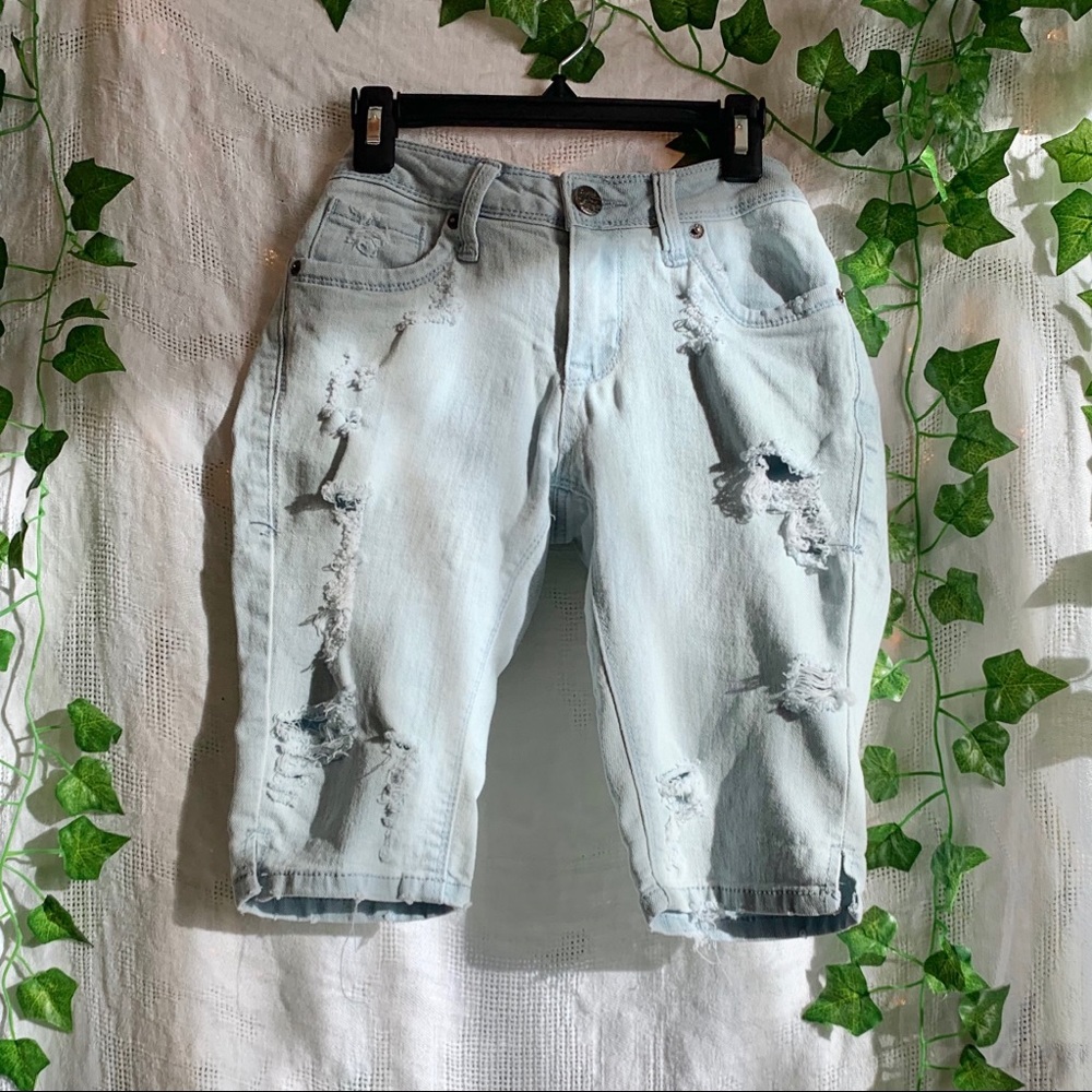 Light wash distressed denim shorts